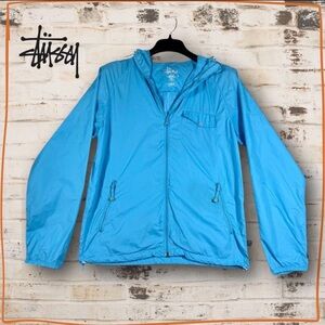 Vintage Stüssy Windbreaker Jacket Blue Hooded Zip Small 90s Streetwear